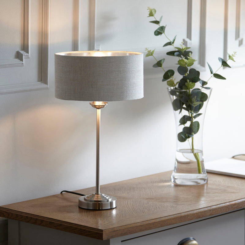 Endon Highclere Brushed Chrome Table Lamp - Linen Shade