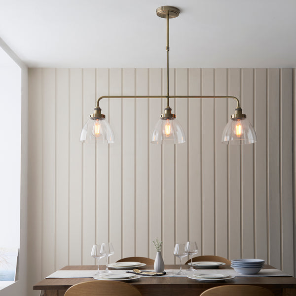 Endon Hansen Linear 3 Light Brass Pendant - Glass Shades