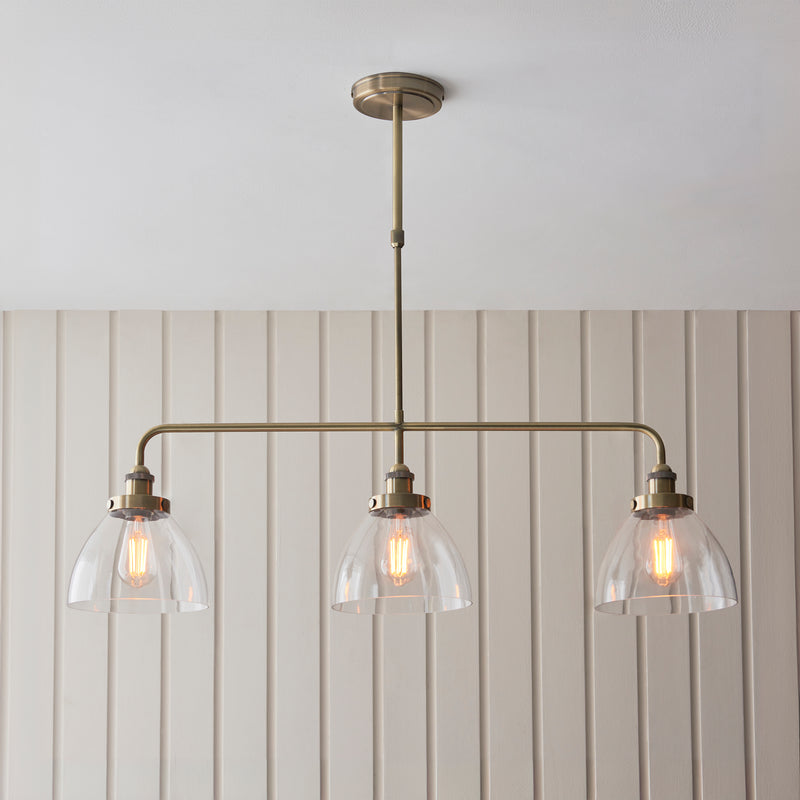 Endon Hansen Linear 3 Light Brass Pendant - Glass Shades