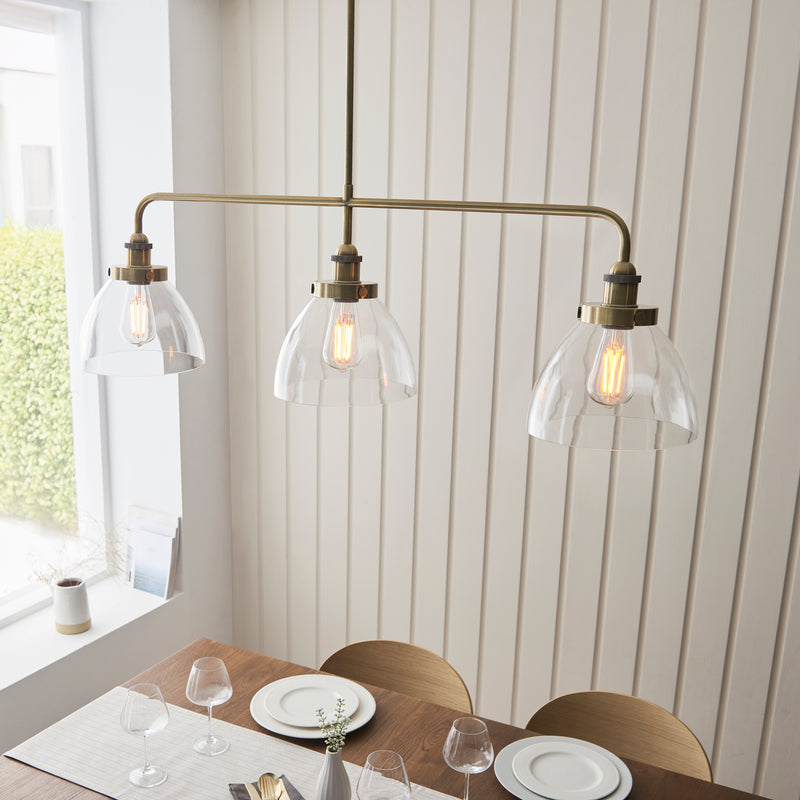 Endon Hansen Linear 3 Light Brass Pendant - Glass Shades