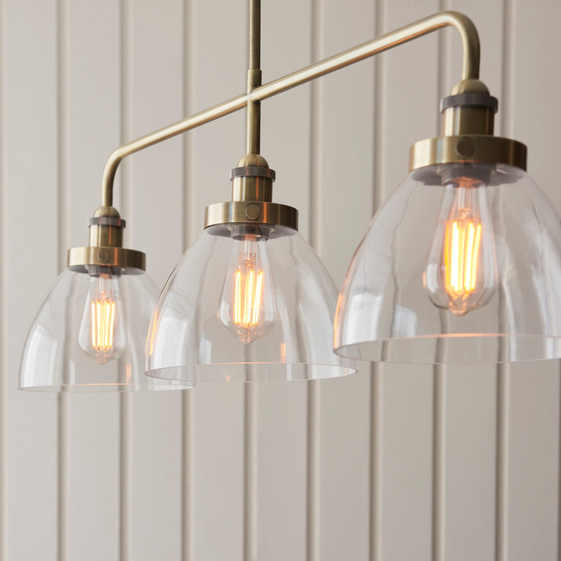 Endon Hansen Linear 3 Light Brass Pendant - Glass Shades