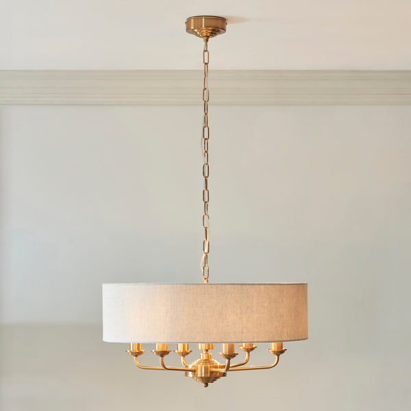 Endon Highclere Vintage Brass 6 Light Pendant - Linen Shade