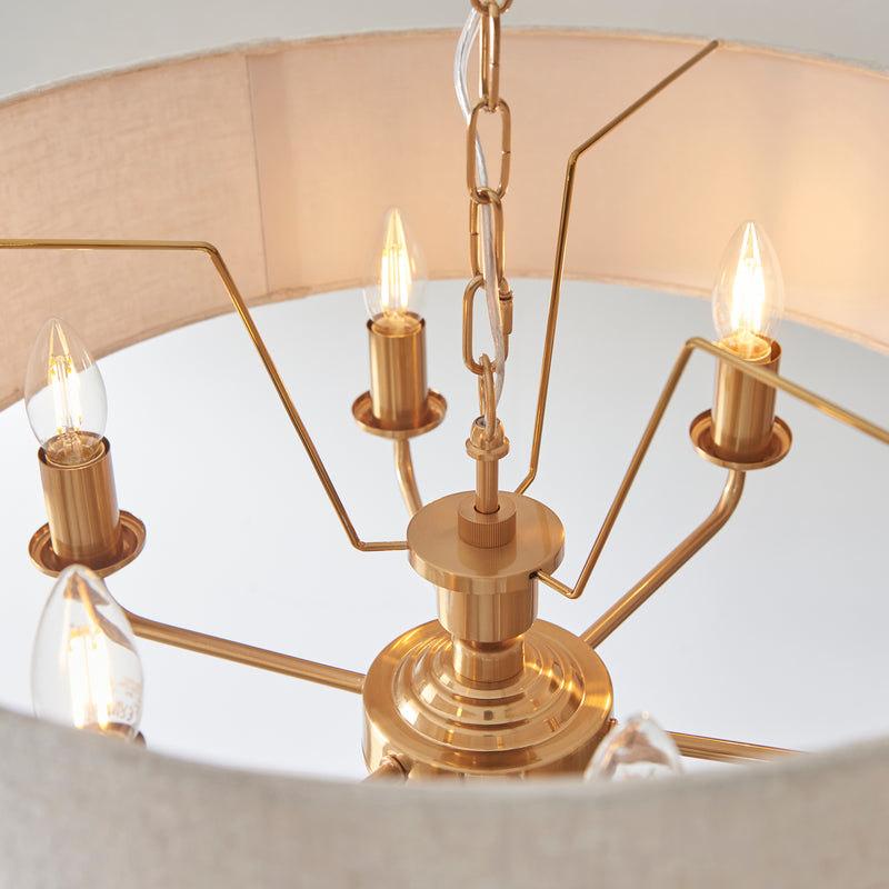 Endon Highclere Vintage Brass 6 Light Pendant - Linen Shade