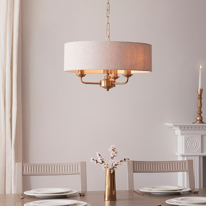 Endon Highclere Aged Brass 3 Light Pendant - Natural Linen Shade