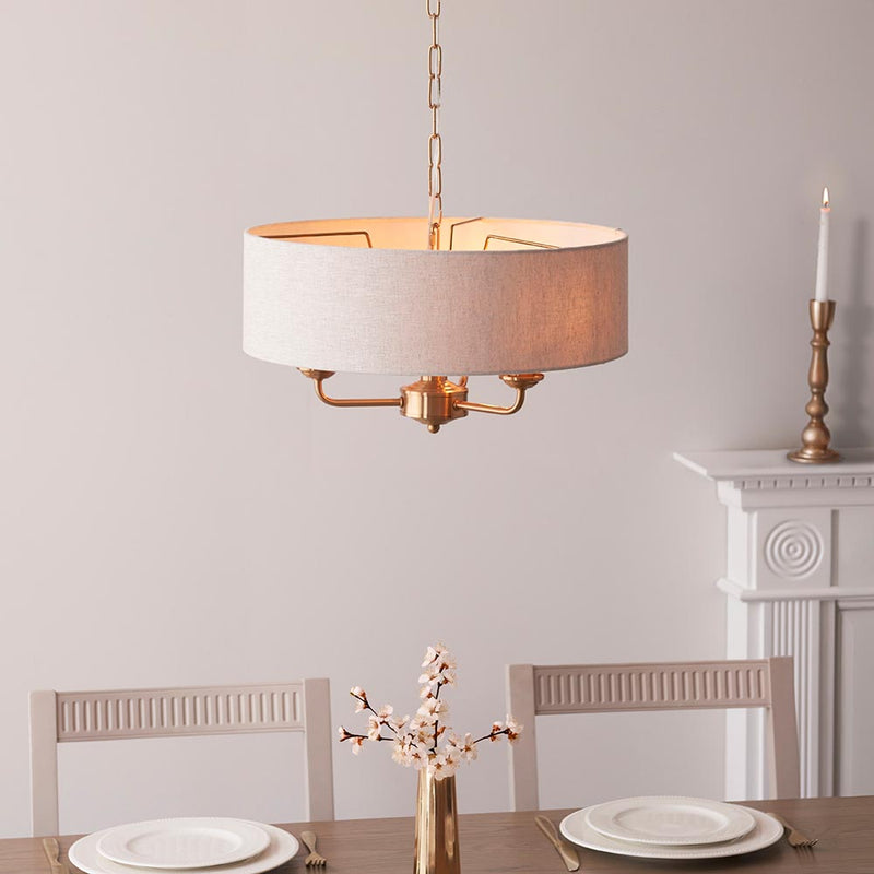 Endon Highclere Aged Brass 3 Light Pendant - Natural Linen Shade