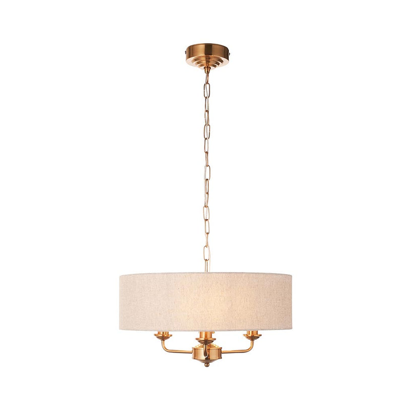 Endon Highclere Aged Brass 3 Light Pendant - Natural Linen Shade