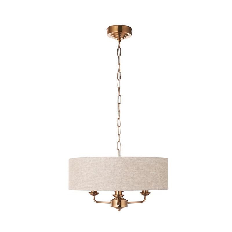 Endon Highclere Aged Brass 3 Light Pendant - Natural Linen Shade