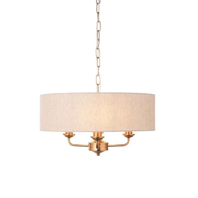 Endon Highclere Aged Brass 3 Light Pendant - Natural Linen Shade