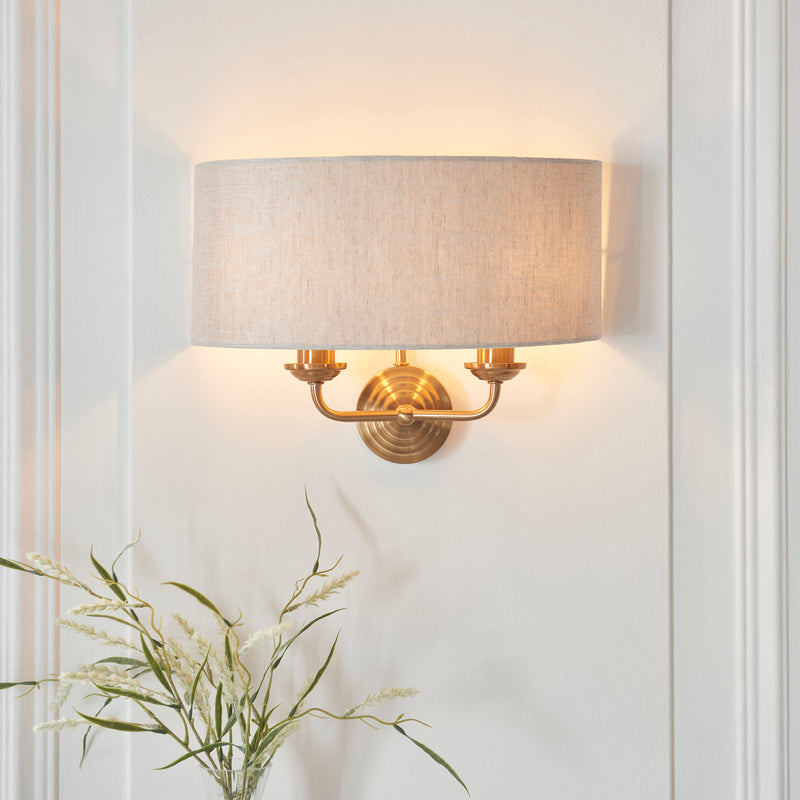 Endon Highclere Brass Wall Light - Natural Linen Shade