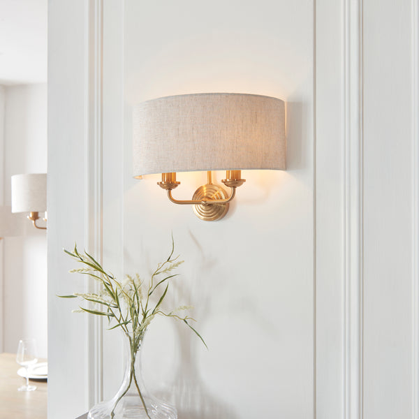 Endon Highclere Brass Wall Light - Natural Linen Shade