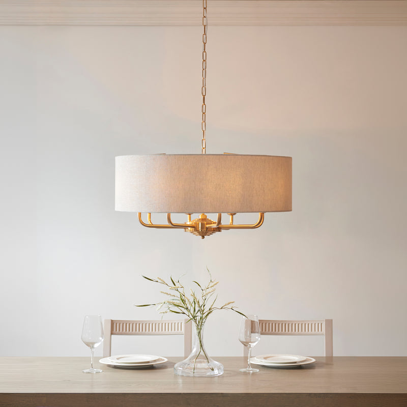 Endon Highclere Vintage Brass 8 Light Pendant - Linen Shade