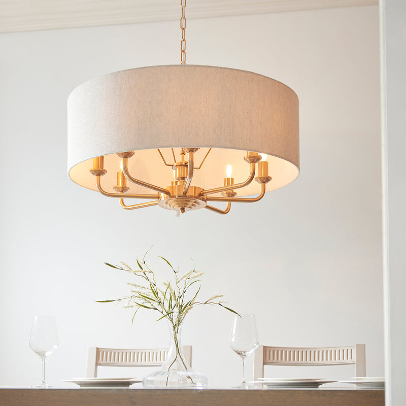 Endon Highclere Vintage Brass 8 Light Pendant - Linen Shade