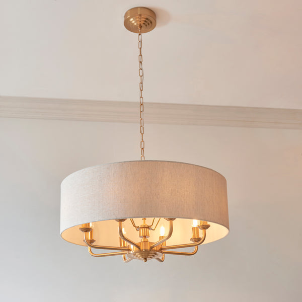 Endon Highclere Vintage Brass 8 Light Pendant - Linen Shade