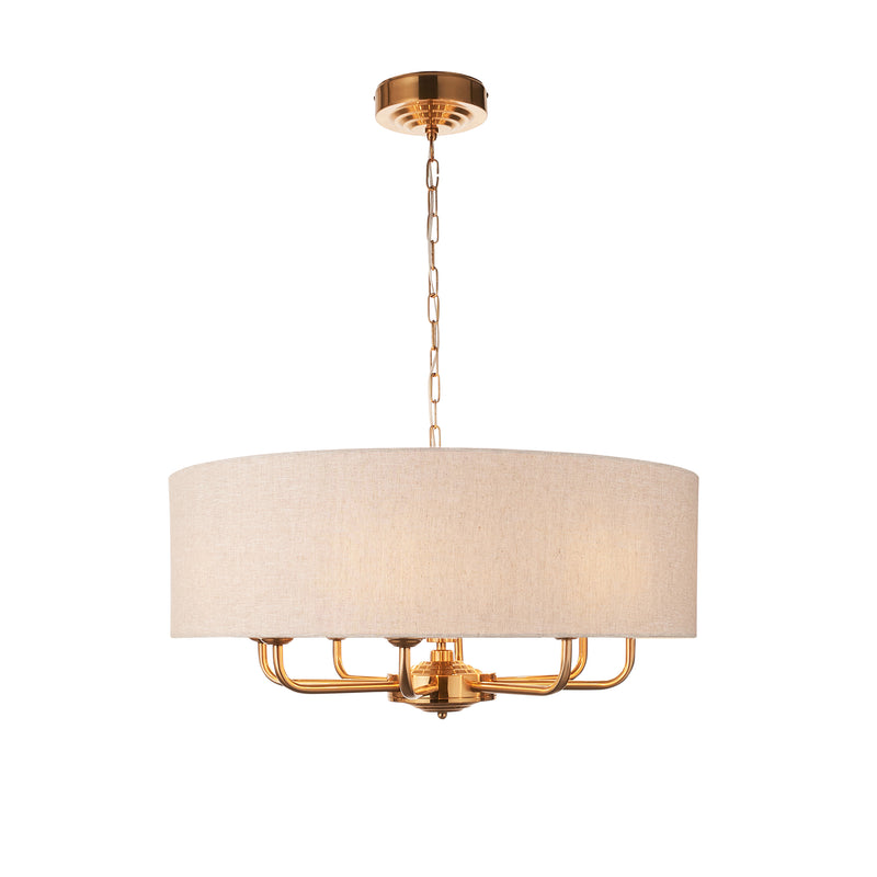 Endon Highclere Vintage Brass 8 Light Pendant - Linen Shade