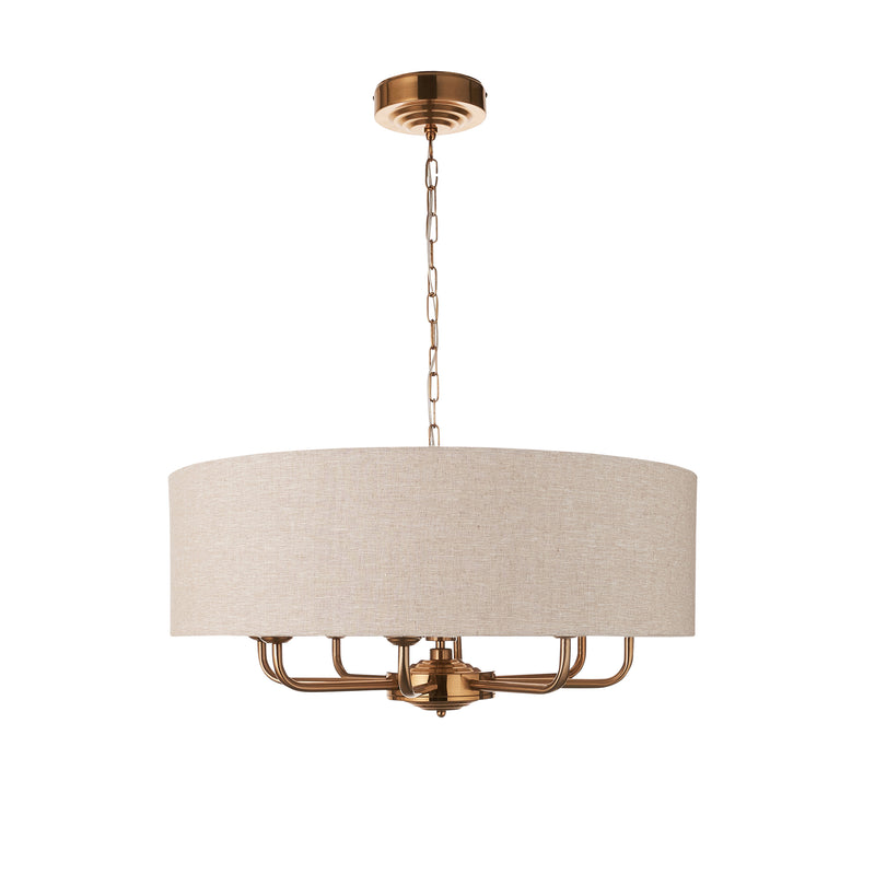 Endon Highclere Vintage Brass 8 Light Pendant - Linen Shade