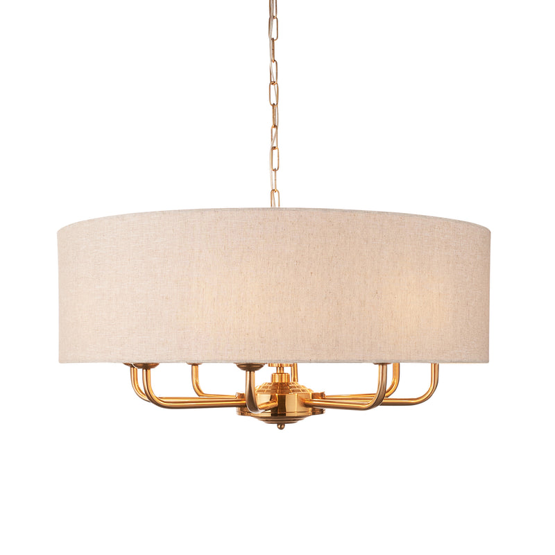 Endon Highclere Vintage Brass 8 Light Pendant - Linen Shade