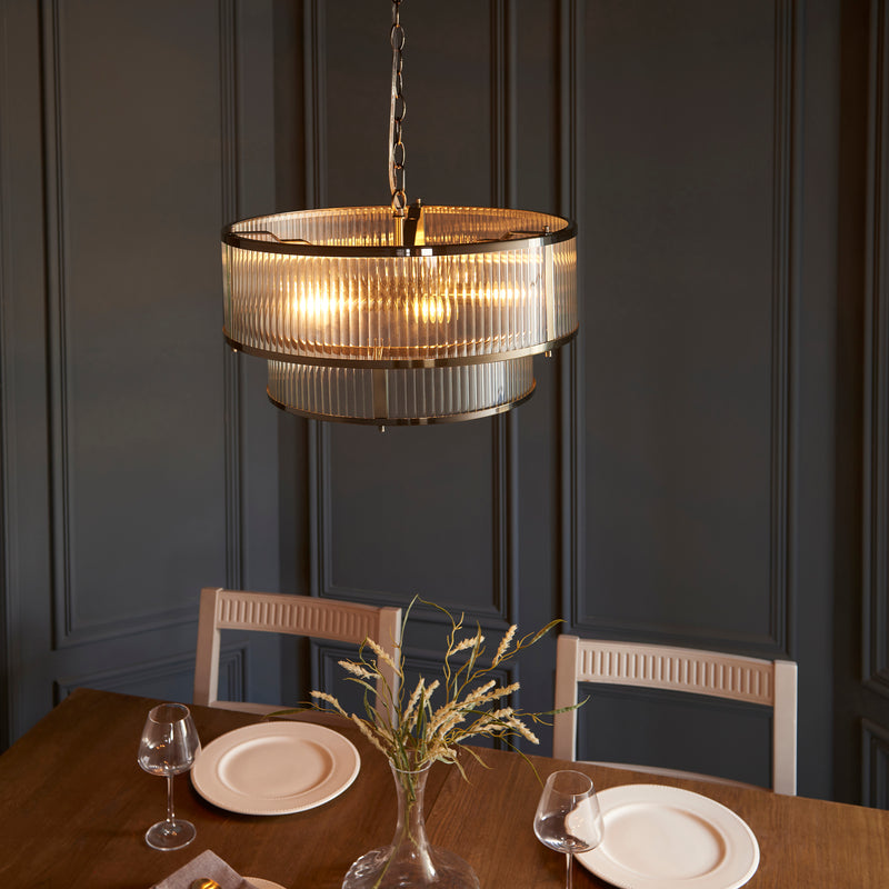 Ridgeton 5 Light Brass & Ribbed Shade Glass Pendant