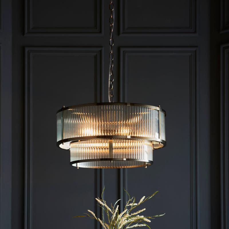 Ridgeton 5 Light Brass & Ribbed Shade Glass Pendant