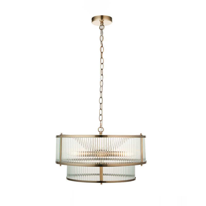 Ridgeton 5 Light Brass & Ribbed Shade Glass Pendant