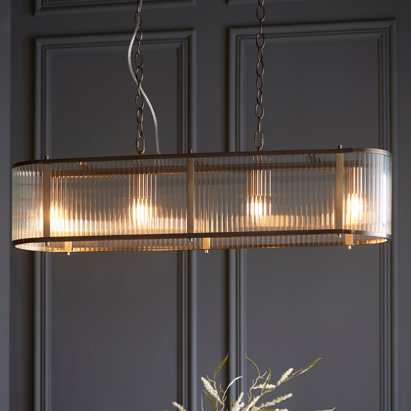 Ridgeton 4 Light Brass & Ribbed Shade Glass Linear Pendant