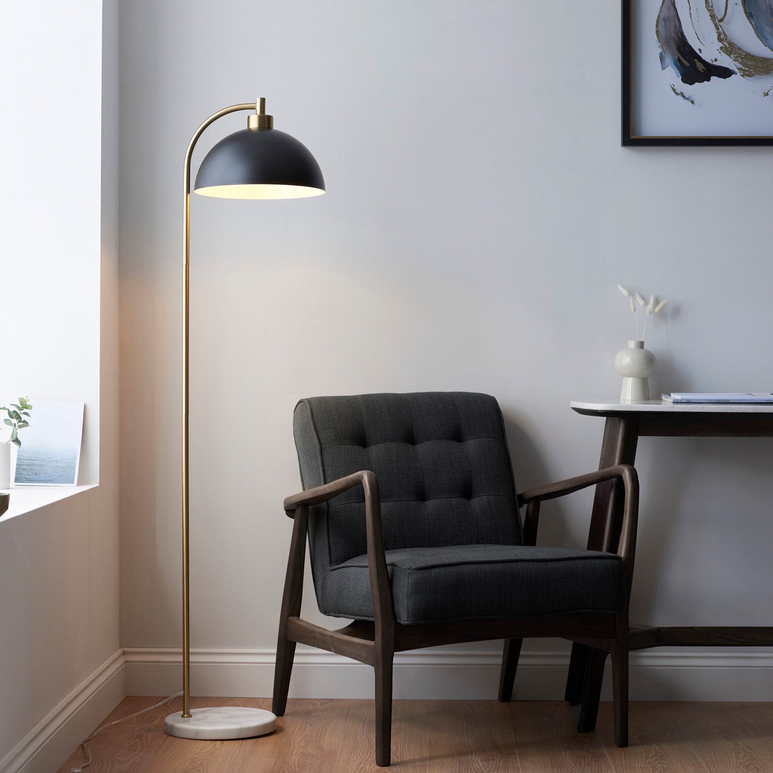 buchanan brass black task floor lamp with marble base by Endon Lighting Living room image