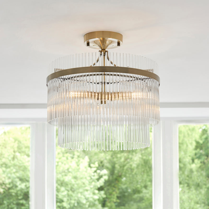 Marietta Brass 3 Light Semi Flush - Glass Rods