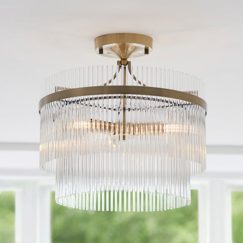 Marietta Brass 3 Light Semi Flush - Glass Rods