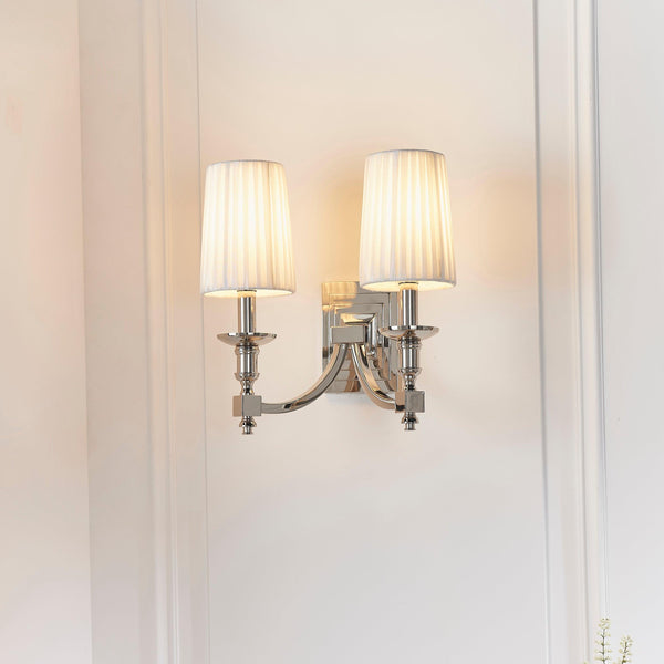 Endon Domina Nickel & White Faux Silk Twin Arm Wall Light