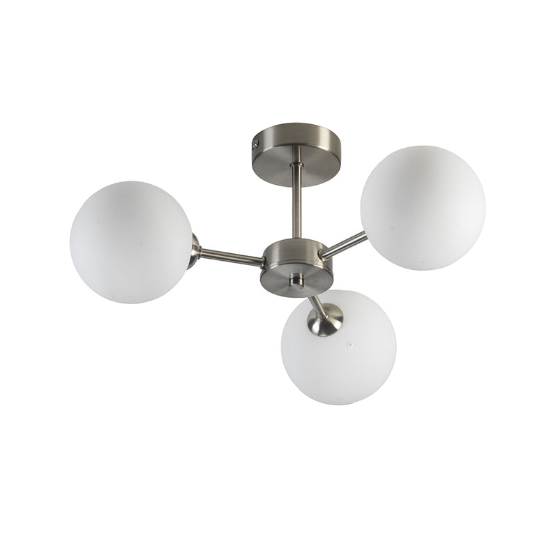 Flaxton 3 Arm Satin Nickel Semi Flush with Opal Glass Shades