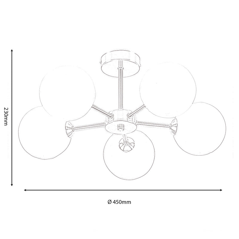 Flaxton 5 Arm Satin Nickel Semi Flush with Opal Glass Shades