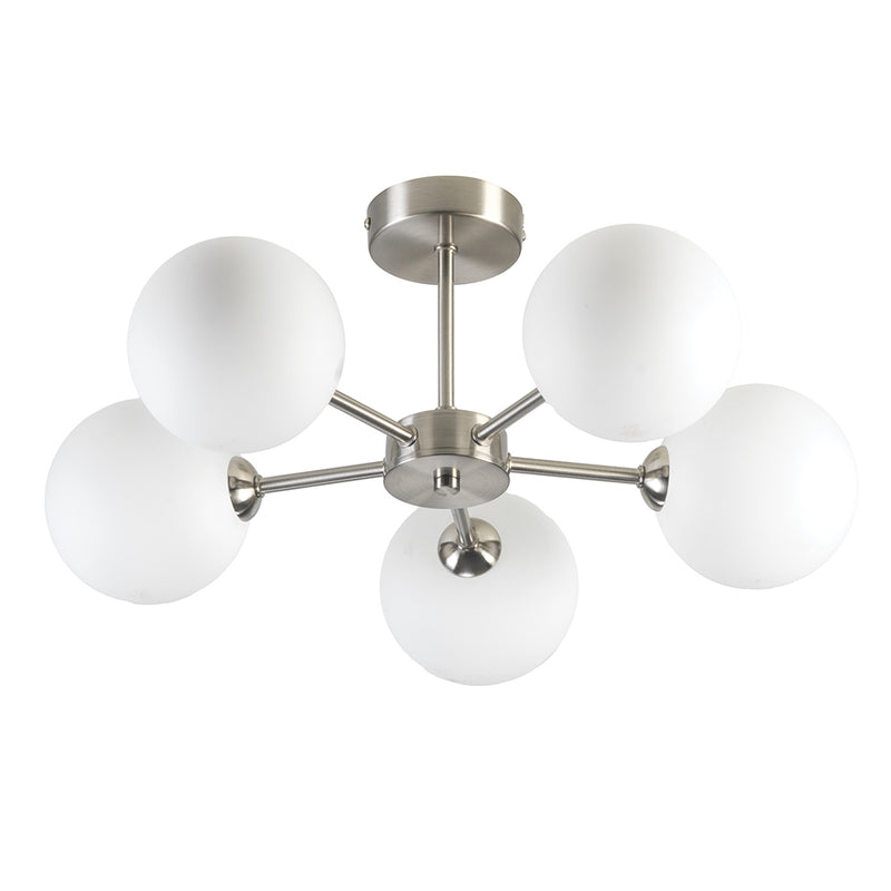 Flaxton 5 Arm Satin Nickel Semi Flush with Opal Glass Shades