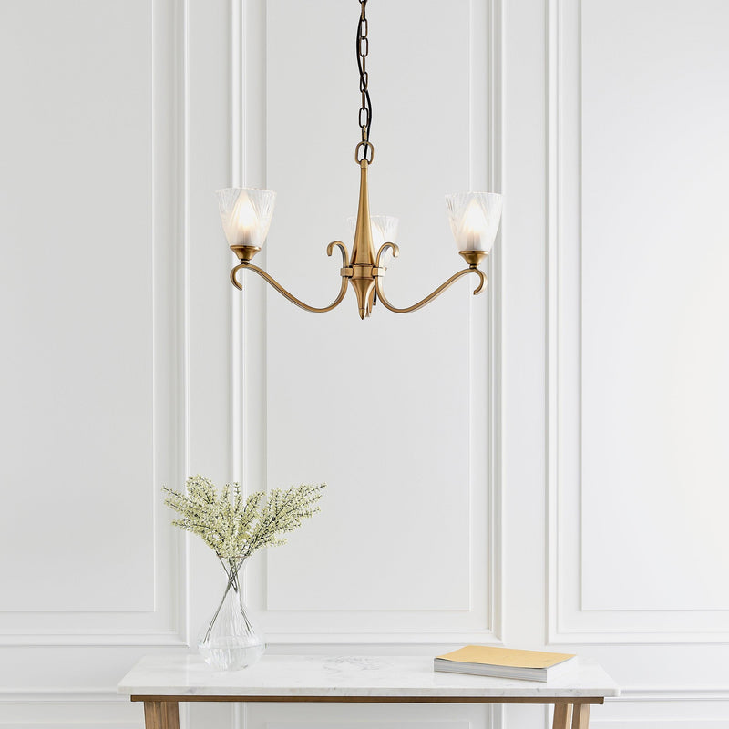 Columbia 3 Antique Brass Chandelier - Feather Glass Shades-Interiors 1900-7-Tiffany Lighting Direct