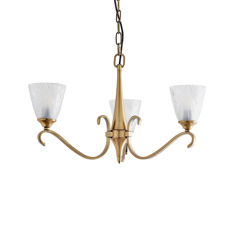 Columbia 3 Antique Brass Chandelier - Feather Glass Shades-Interiors 1900-12-Tiffany Lighting Direct