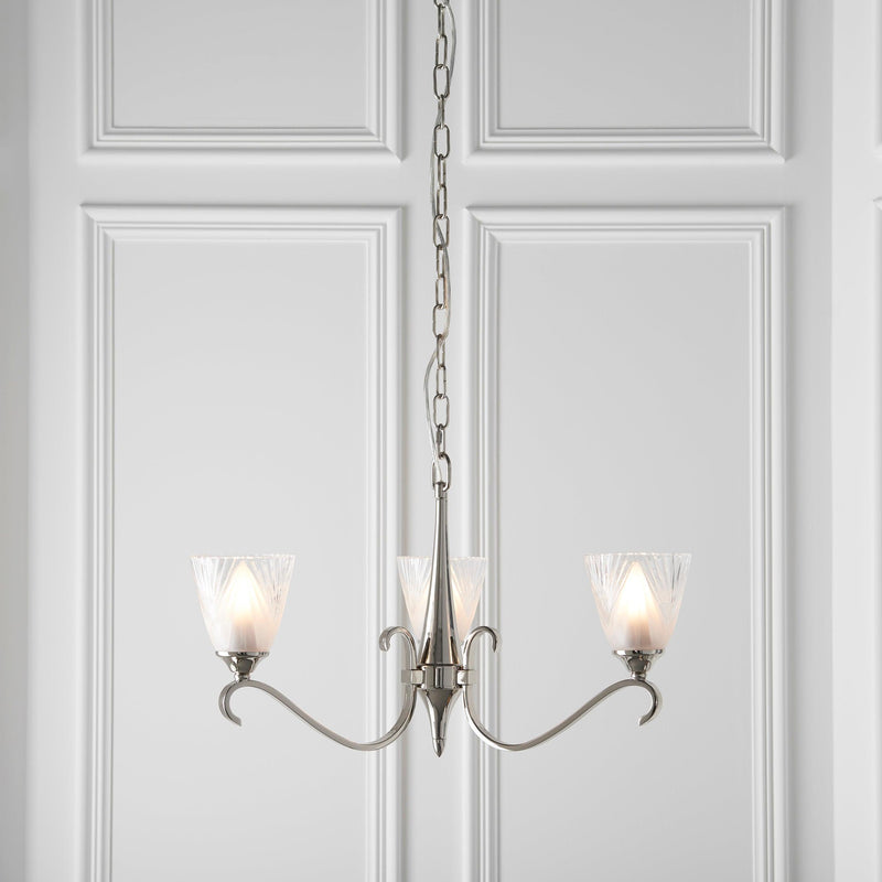 Columbia 3 Light Nickel Chandelier - Feather Glass Shades-Interiors 1900-1-Tiffany Lighting Direct