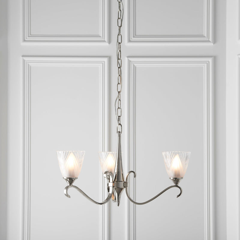 Columbia 3 Light Nickel Chandelier - Feather Glass Shades-Interiors 1900-7-Tiffany Lighting Direct