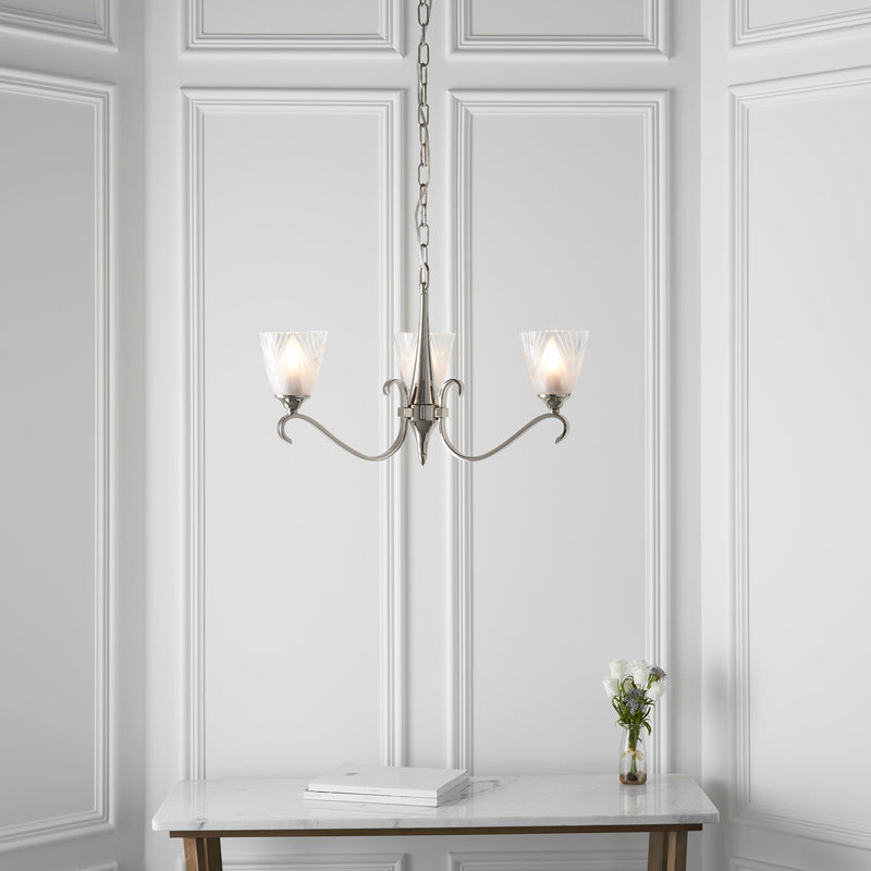 Columbia 3 Light Nickel Chandelier - Feather Glass Shades-Interiors 1900-8-Tiffany Lighting Direct