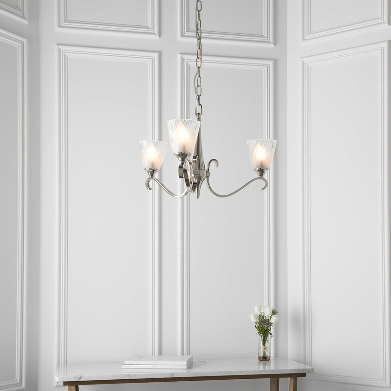 Columbia 3 Light Nickel Chandelier - Feather Glass Shades-Interiors 1900-9-Tiffany Lighting Direct