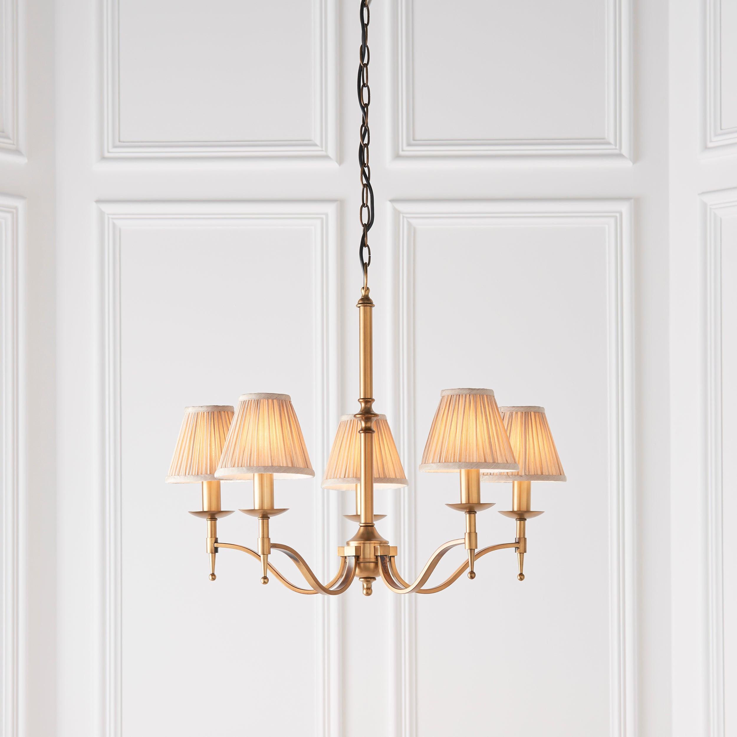 Stanford 5 Light Antique Brass Chandelier - Beige Shades-Interiors 1900-1-Tiffany Lighting Direct