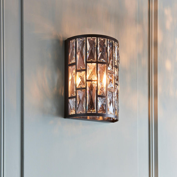 Endon Belle 1 Light Dark Bronze & Crystal Wall Light 69392 - Living room wall with light on