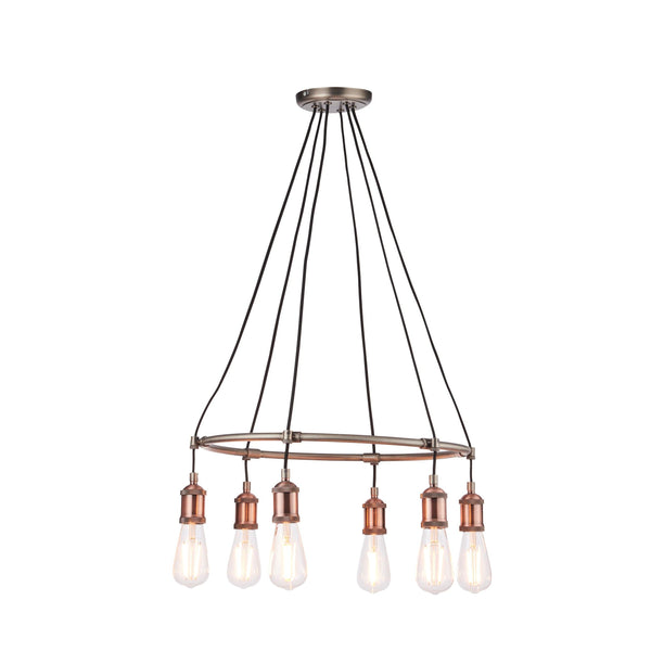 Endon Hal 6 Light Copper Industrial Ceiling Pendant 76337 - Lit