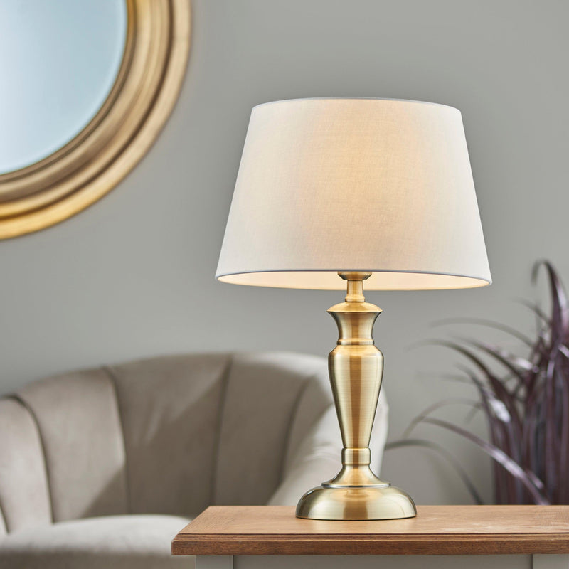 Oslo Medium Brass Finish Table Lamp & Evie Pale Grey Shade-Endon Lighting-Living-Room-Tiffany Lighting Direct-[image-position]