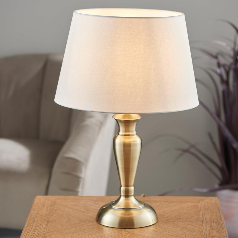 Oslo Medium Brass Finish Table Lamp & Evie Pale Grey Shade-Endon Lighting-Living-Room-Tiffany Lighting Direct-[image-position]