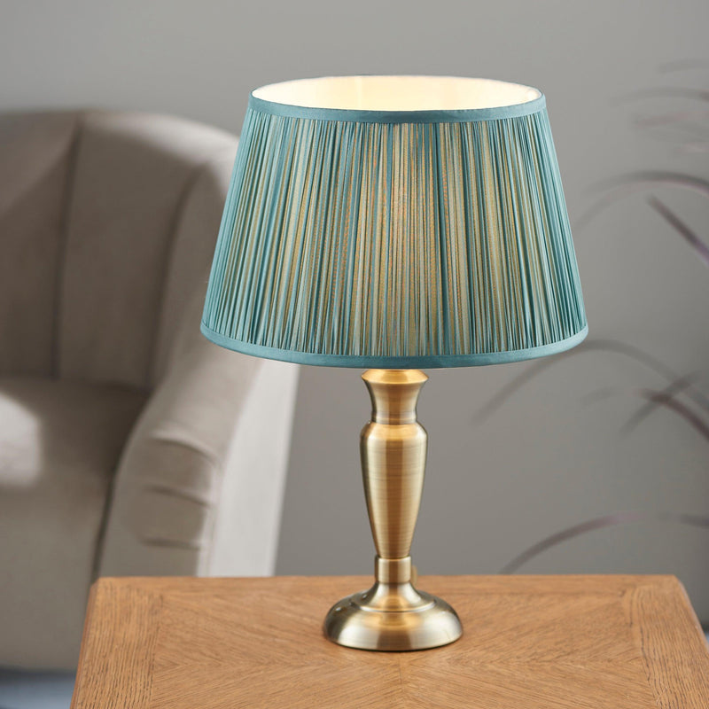 Endon Oslo Small Brass Finish Table Lamp & Freya Green Shade-Endon Lighting-Living-Room-Tiffany Lighting Direct-[image-position]