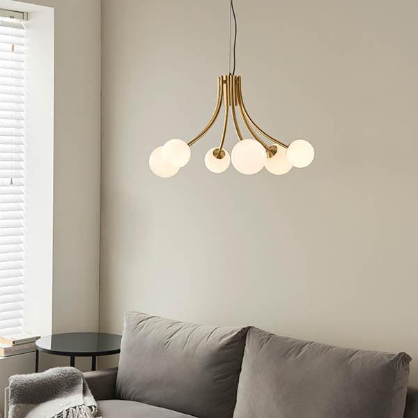 Endon Bloom Gold 6 light Ceiling Pendant Light - Opal Glass-Ceiling Pendant Lights-Endon Lighting-1-Tiffany Lighting Direct