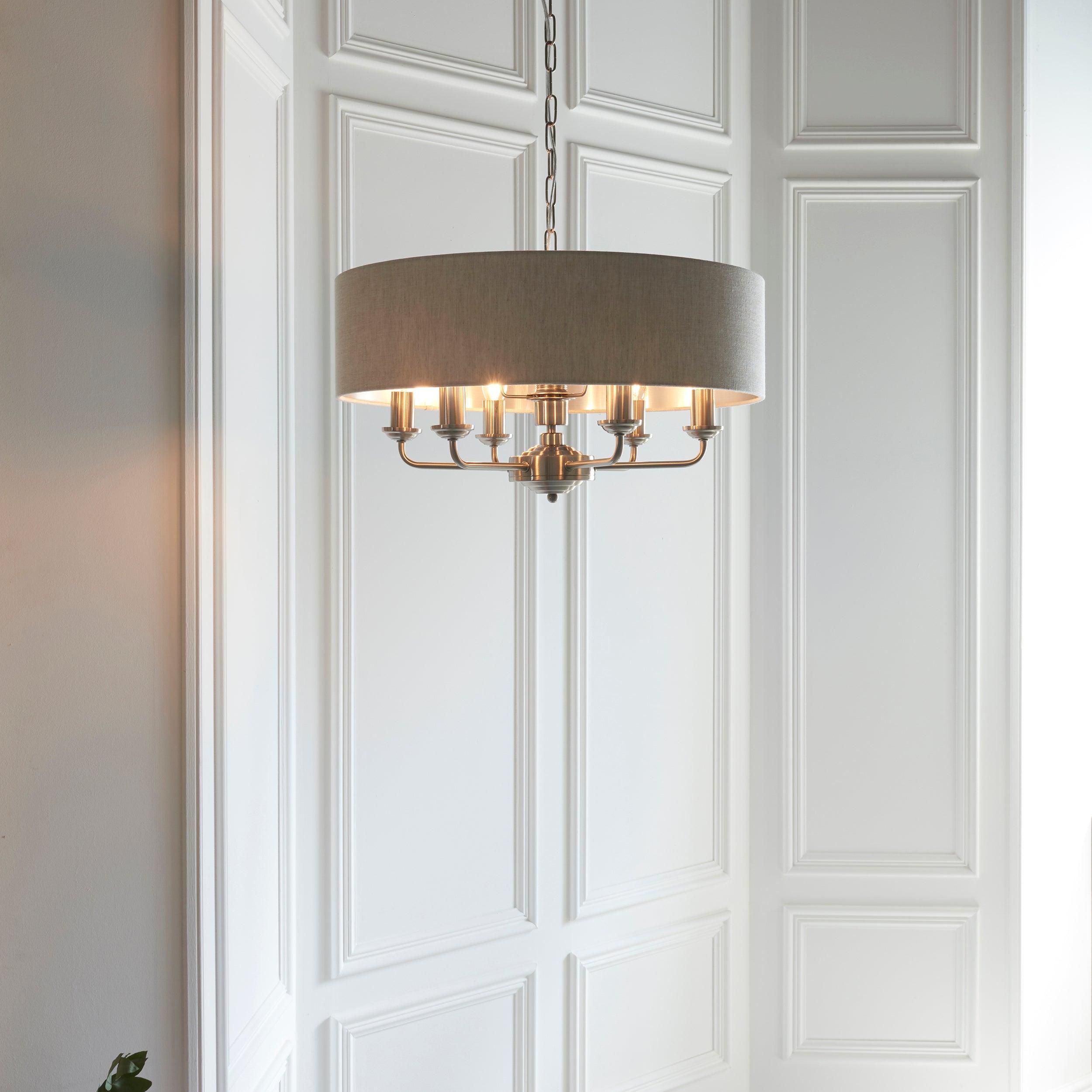 Highclere Brushed Chrome with Linen shade 6 Light Pendant-Ceiling Pendant Lights-Endon Lighting Living Room Lighting Tiffany Lighting Direct