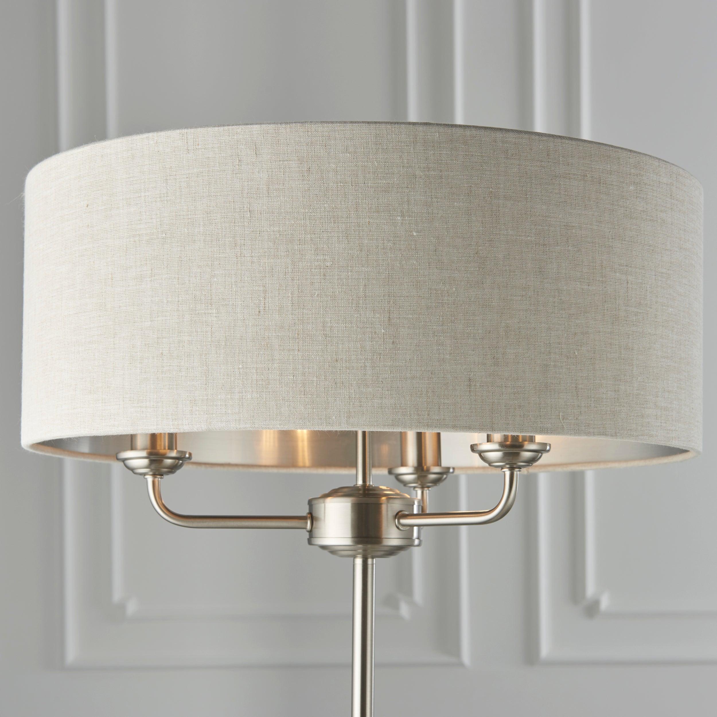 highclere brushed chrome floor lamp linen shade by Endon Lighting Living Room  Unlit Shot