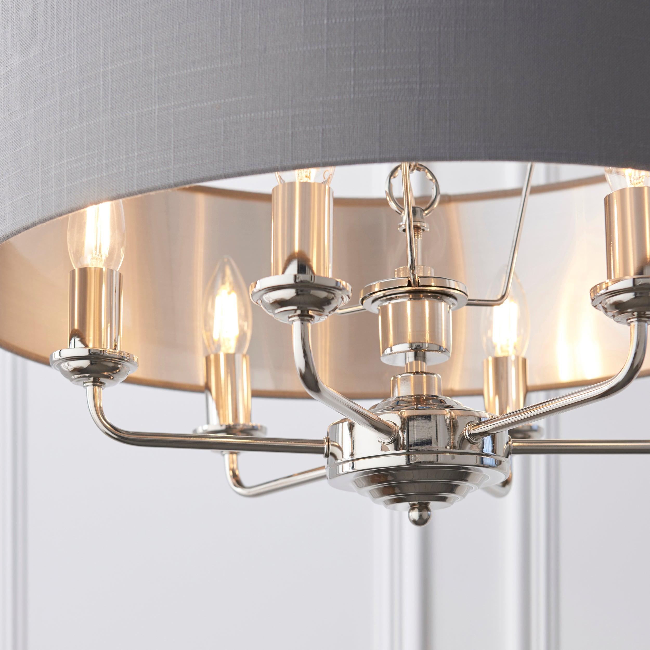 Highclere Bright Nickel & Charcoal Shade 6 Light Pendant-Ceiling Pendant Lights-Endon Lighting living room close. up unlit Tiffany Lighting Direct