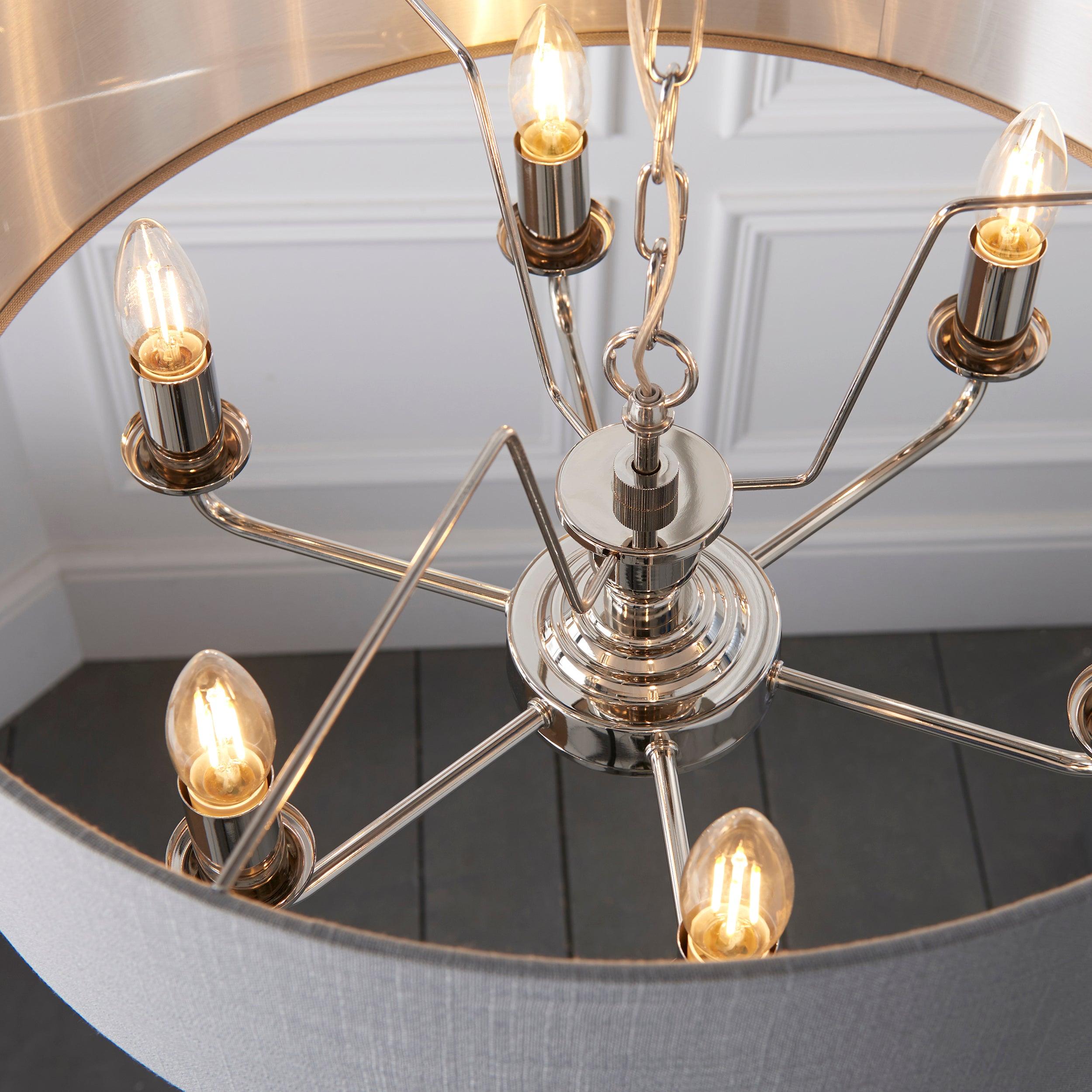 Highclere Bright Nickel & Charcoal Shade 6 Light Pendant-Ceiling Pendant Lights-Endon Lighting hallway lighting photo Tiffany Lighting Direct