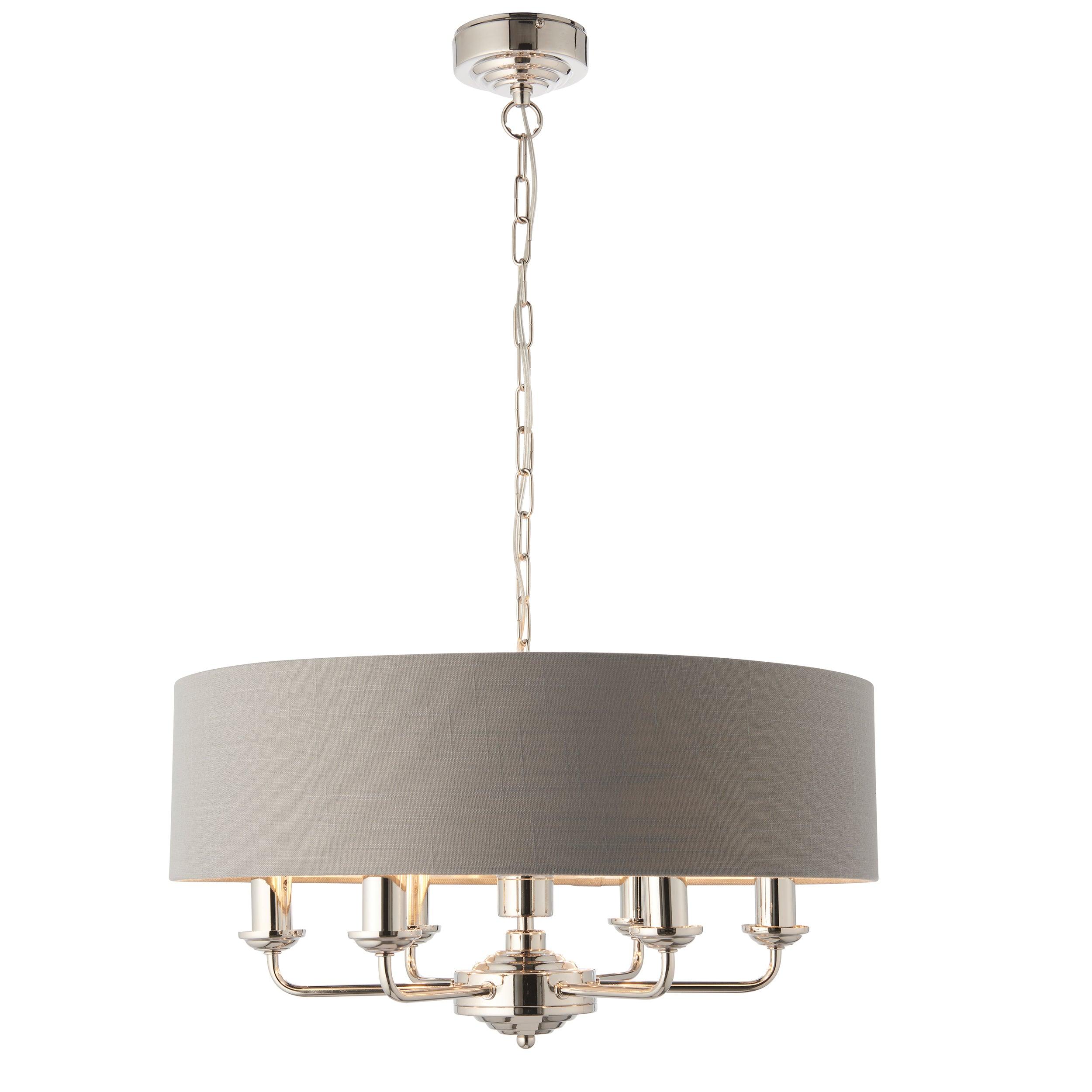 Highclere Bright Nickel & Charcoal Shade 6 Light Pendant-Ceiling Pendant Lights-Endon Lighting  Bedrooom Lighting Wide ImageTiffany Lighting Direct