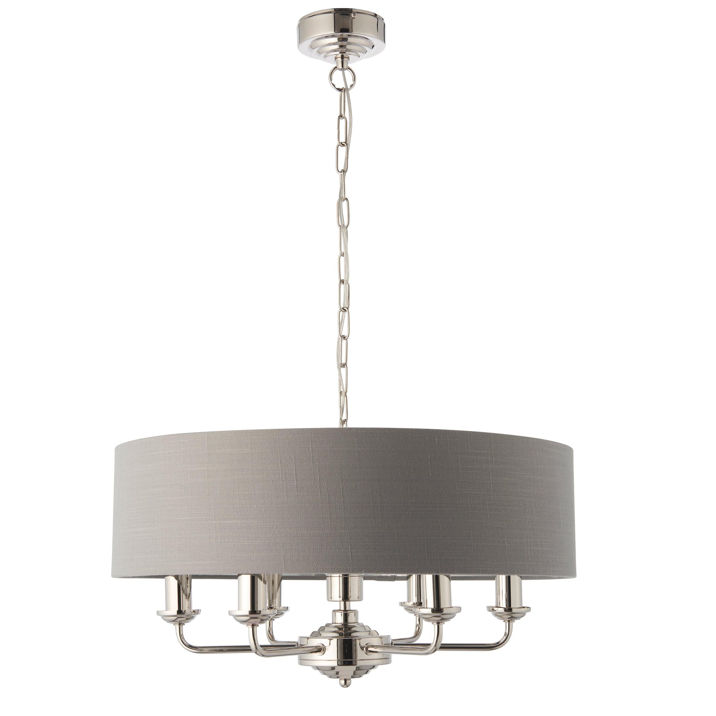 Highclere Bright Nickel & Charcoal Shade 6 Light Pendant-Ceiling Pendant Lights-Endon Lighting  Bedrooom Lighting Wider ImageTiffany Lighting Direct